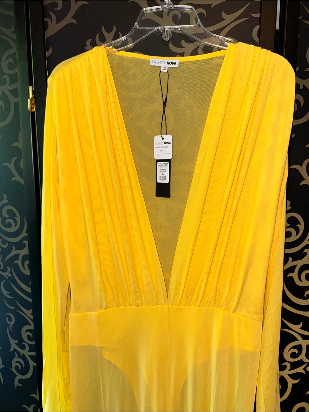 Fashion Nova Bright Yellow Long-Sleeve Plunging Maxi Jumpsuit. - Picture 3 of 8